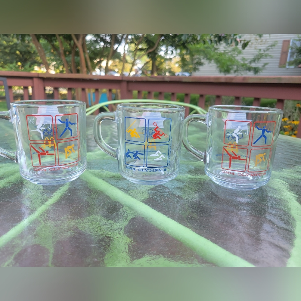 Vintage Set of 3 Anchor Hocking McDONALDS  1984 LA OLYMPICS Clear Glass Cup MUGS
